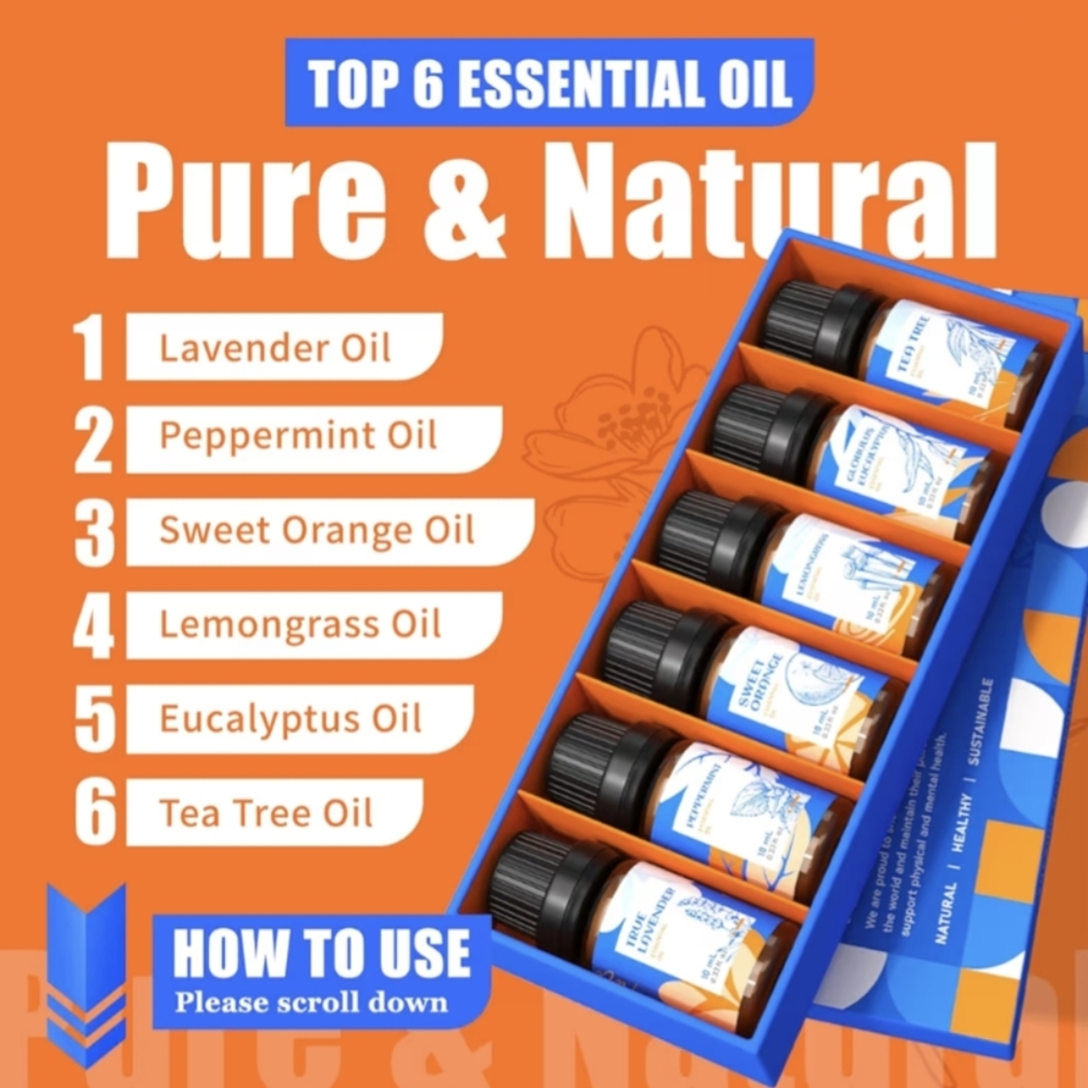 Essential Oil 6pc. Gift Set for Diffusers DIY Skin Care Home Stress Aromatherapy